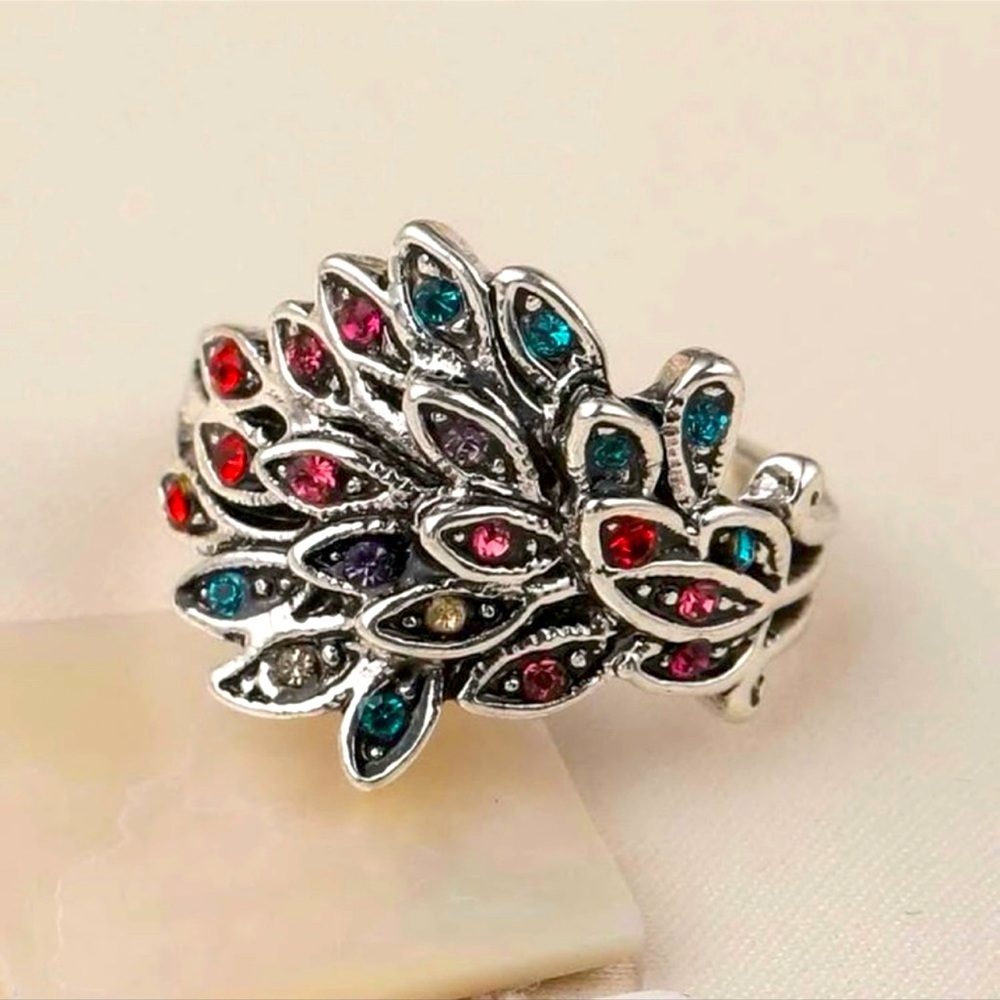 ❤️Colorful Rhinestone Peacock Silver Ring